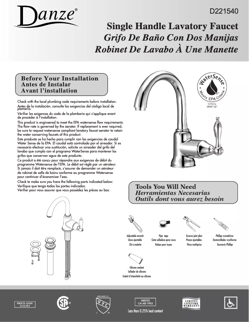 Page n°1 - Manuel utilisateur Danze D221540