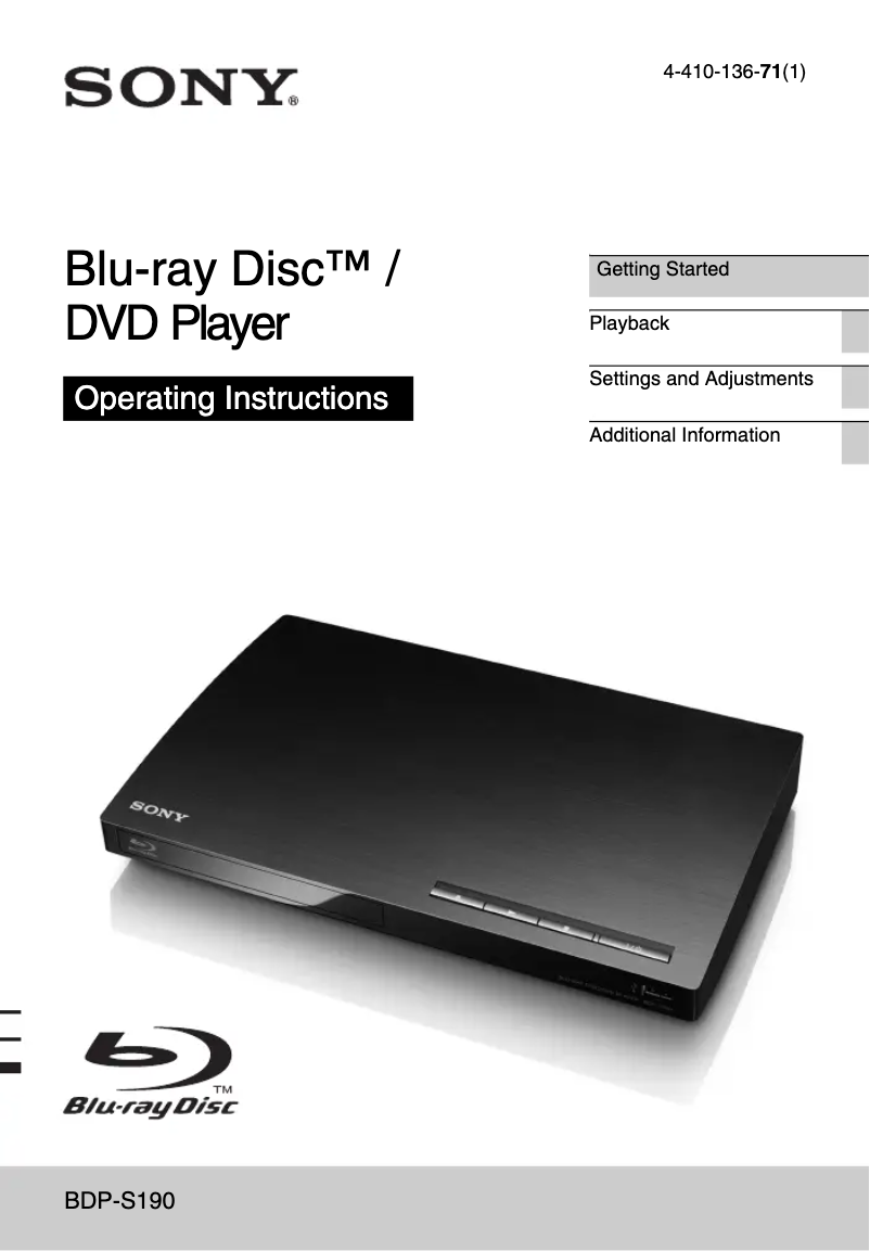Page 1 de la notice Manuel utilisateur Sony BDP-S190