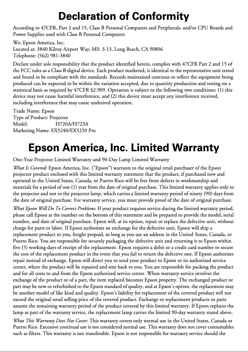 Page 1 de la notice Informations de garantie Epson EX5240