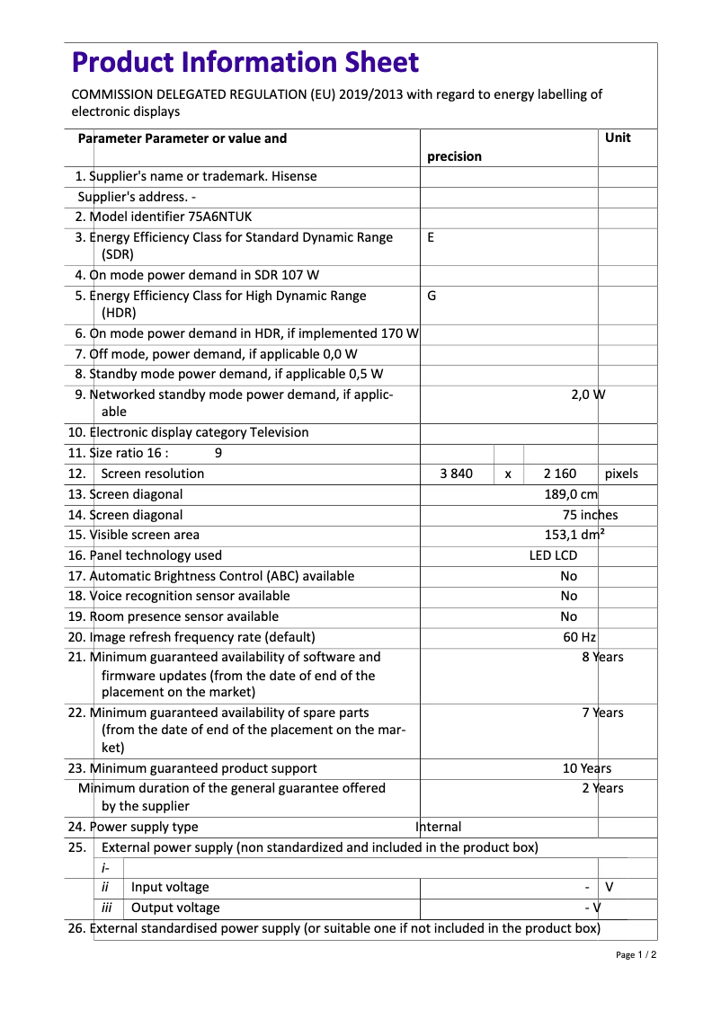 Page 1 de la notice Fiche technique Hisense 55A6N