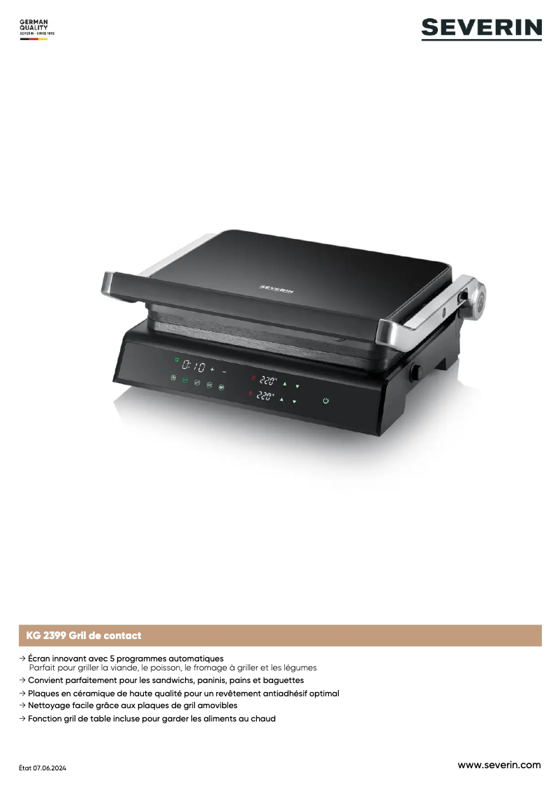 Page 1 de la notice Fiche technique Severin KG 2399