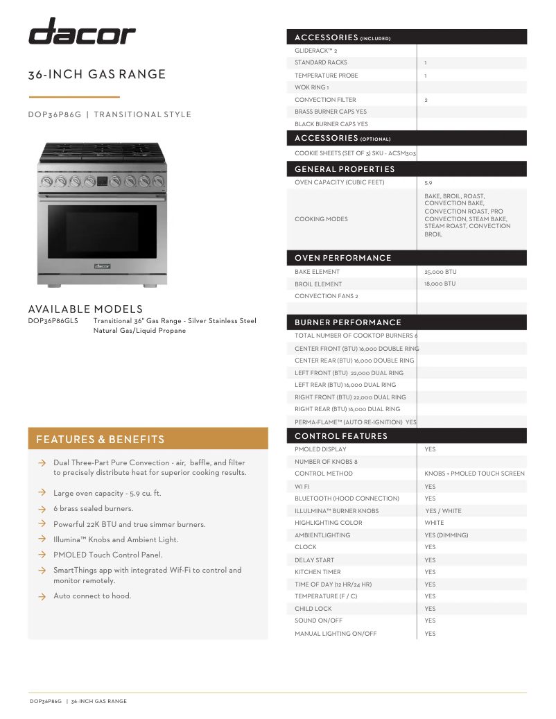 Page n°1 - Fiche technique Dacor DOP36P86GLS