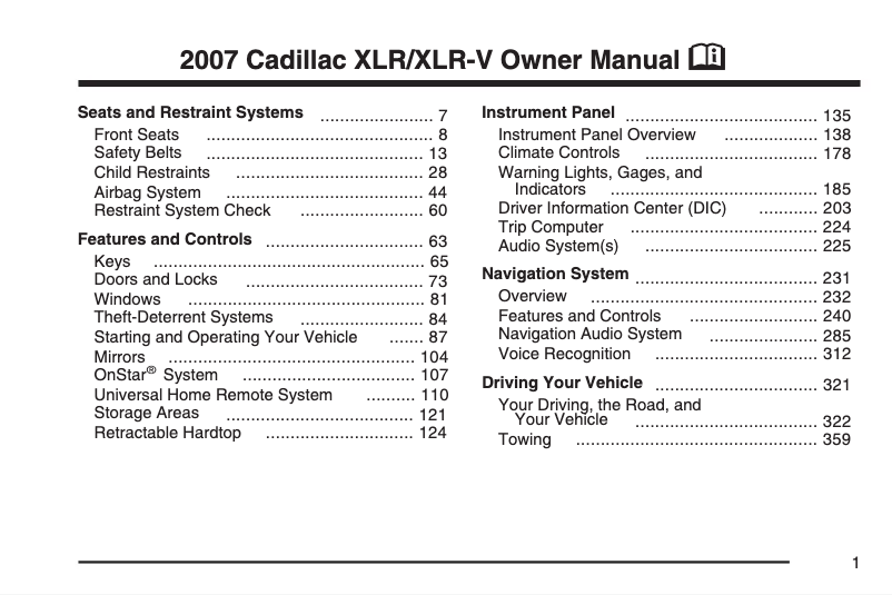 Page 1 of the manual User Manual Cadillac XLR (2005)