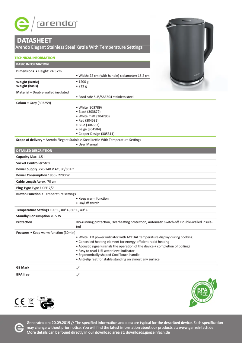 Page 1 de la notice Fiche technique Arendo Elegant 304583