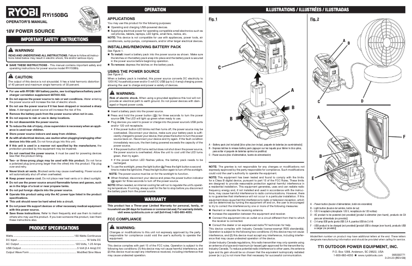 Page 1 de la notice Manuel utilisateur RYOBI RYi150BG