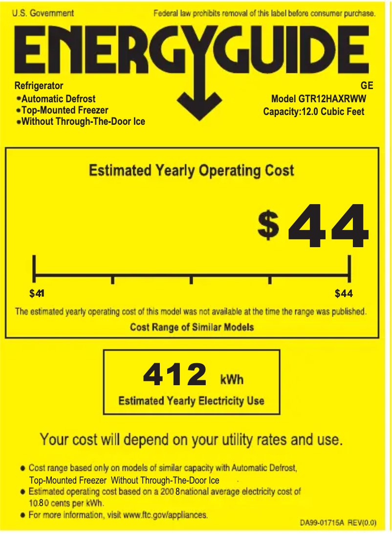 Page n°1 - Label énergétique GE GTR12HAXRWW