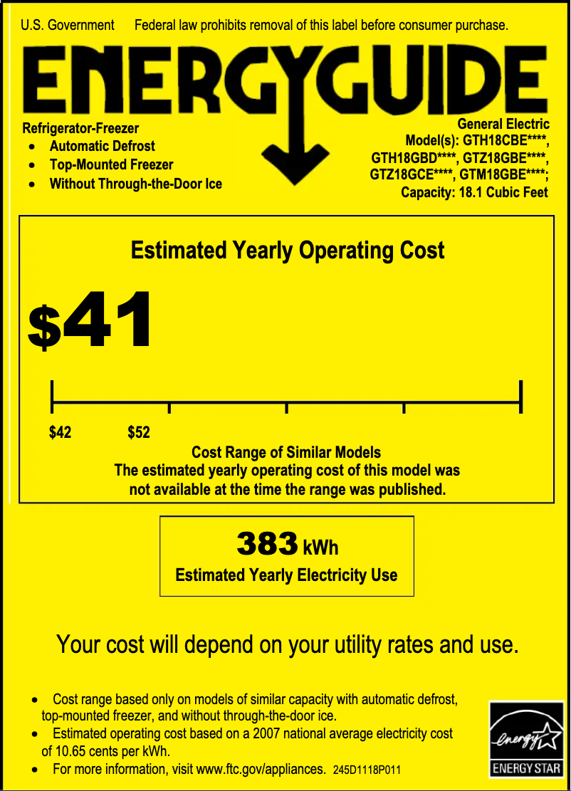 Page 1 de la notice Label énergétique GE GTZ18GBESS
