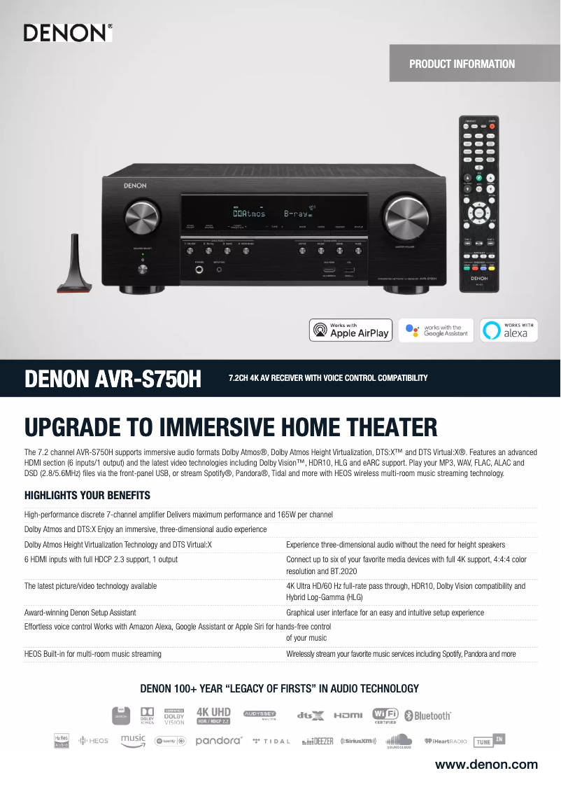 Page 1 de la notice Fiche technique Denon AVR-S750H-R