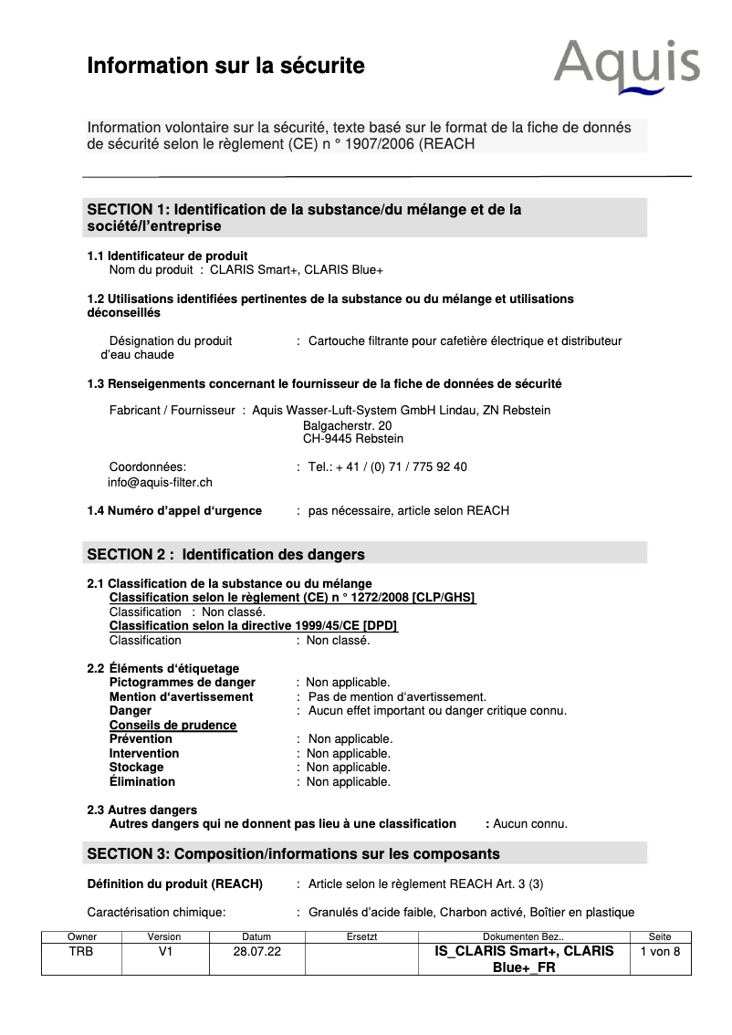 Page n°1 - Manuel utilisateur Jura Claris Pro Smart