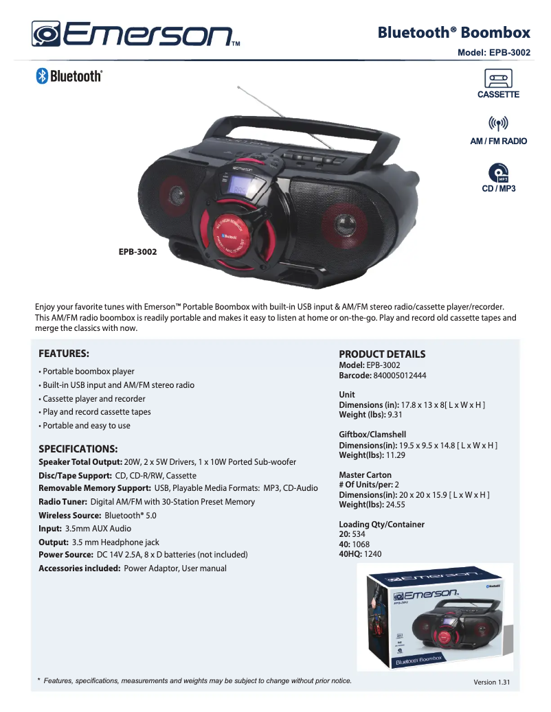 Page 1 de la notice Manuel utilisateur Emerson EPB-3002