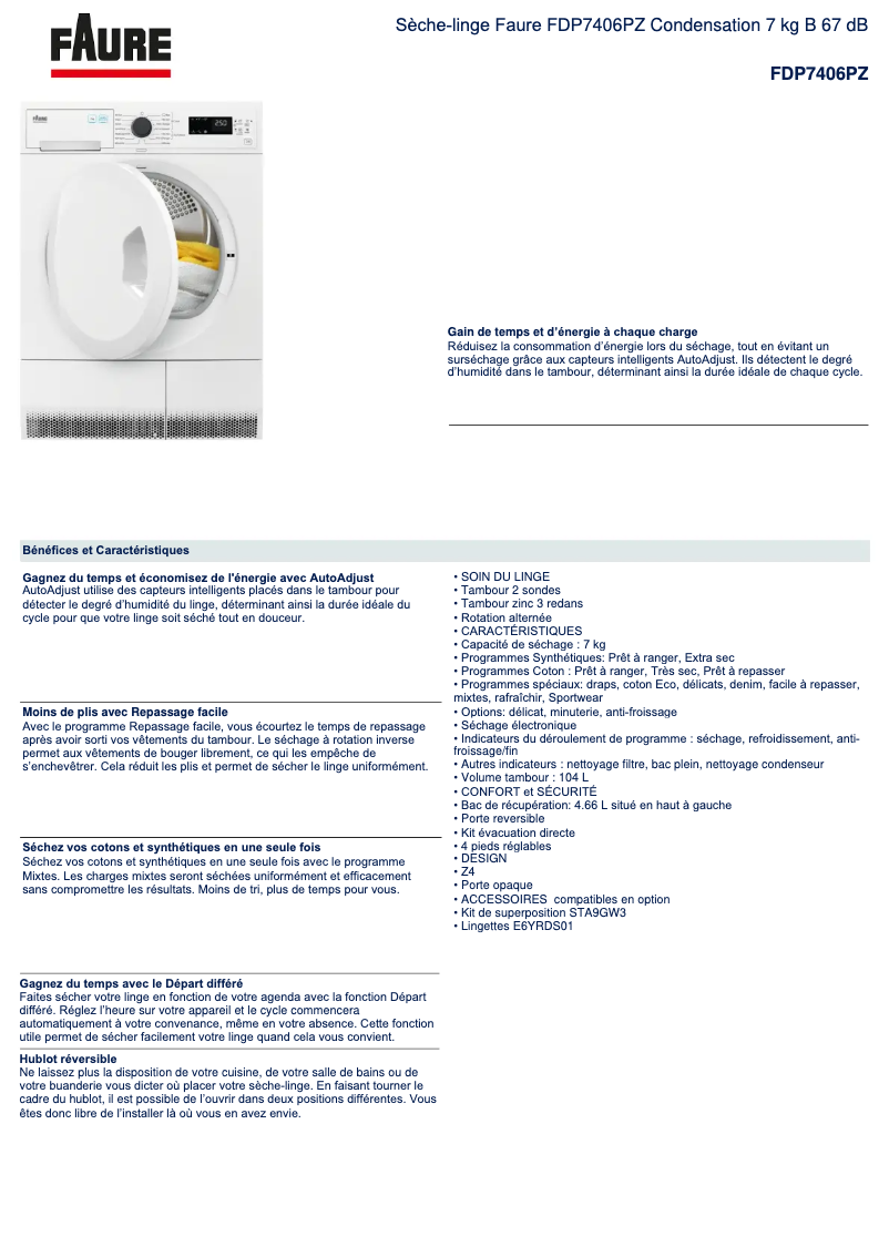 Page 1 de la notice Fiche technique Faure FDP7406PZ