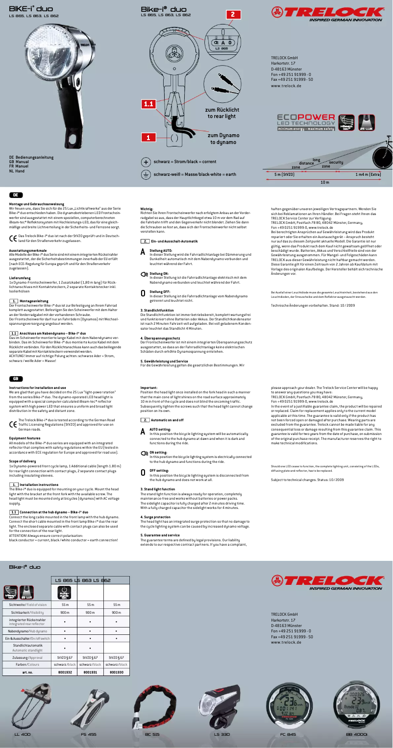 Page 1 de la notice Manuel utilisateur Trelock LS 863