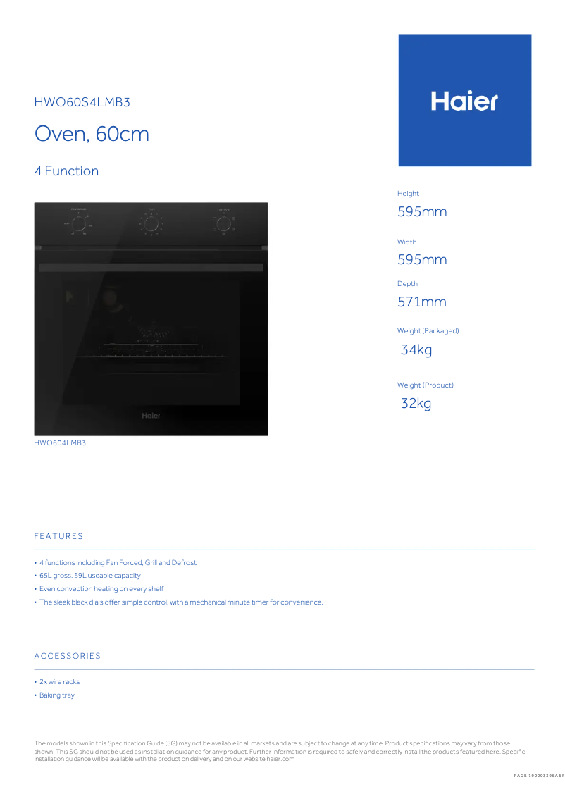 Page 1 de la notice Fiche technique Haier HWO60S4LMB3