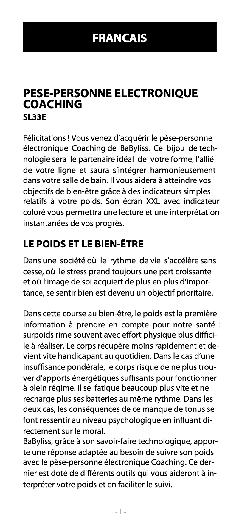 Page 1 de la notice Manuel utilisateur BaByliss SL33E Våg