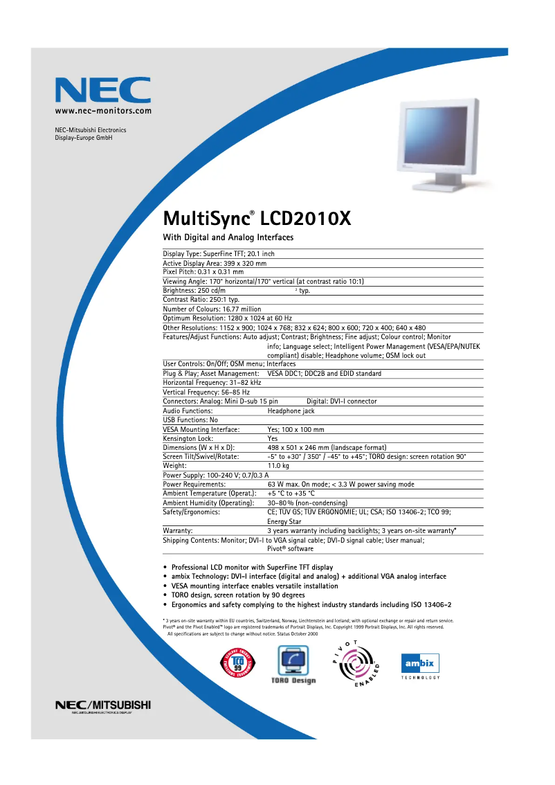 Imagen de la primera página del manual del dispositivo MultiSync LCD2010X BK
