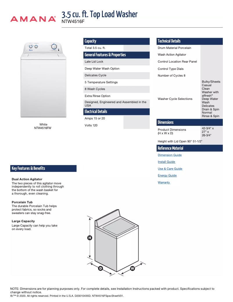 Página 1 del manual Ficha técnica Amana NTW4516FW