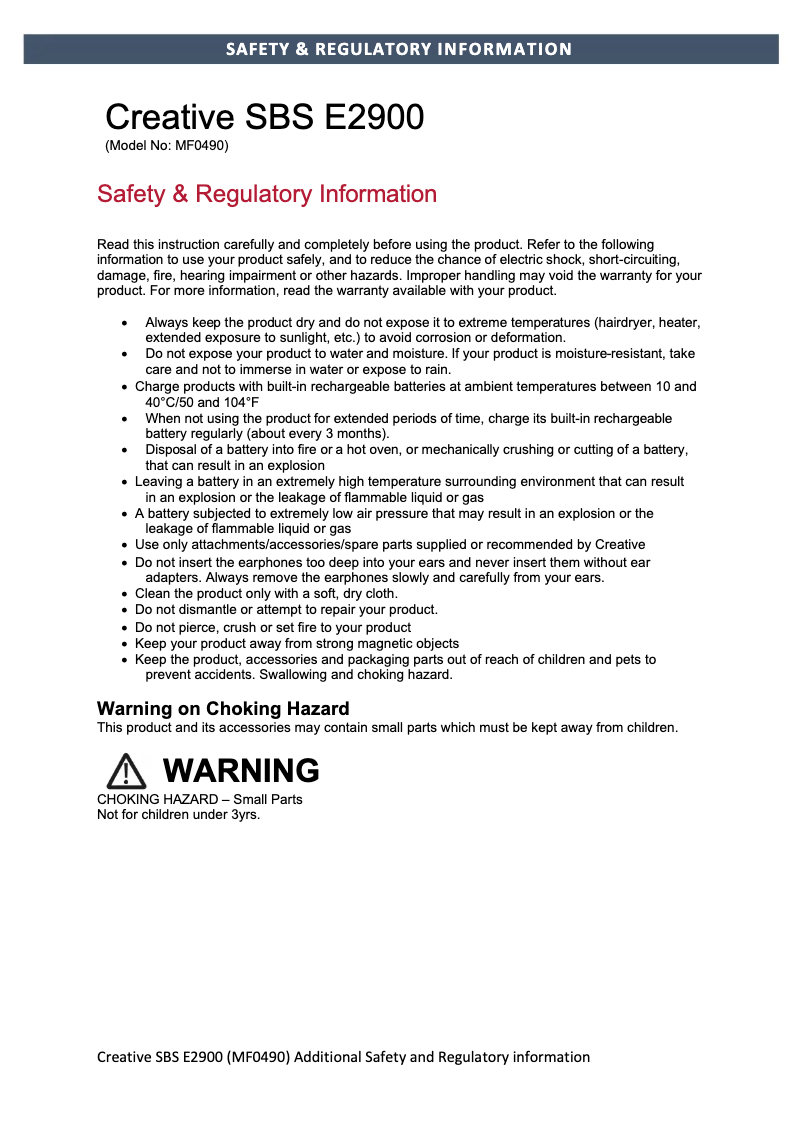 Page 1 de la notice Instructions de sécurité Creative SBS E2900