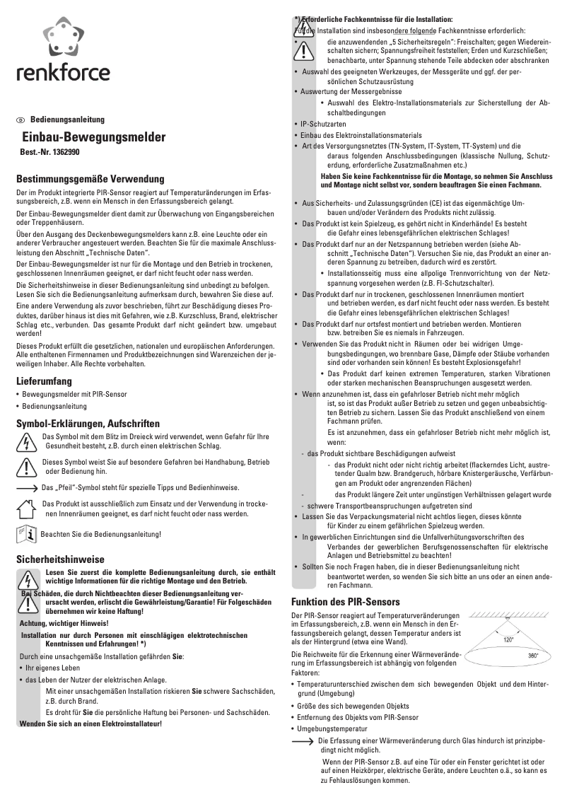 Page n°1 - Manuel utilisateur Renkforce 1362990
