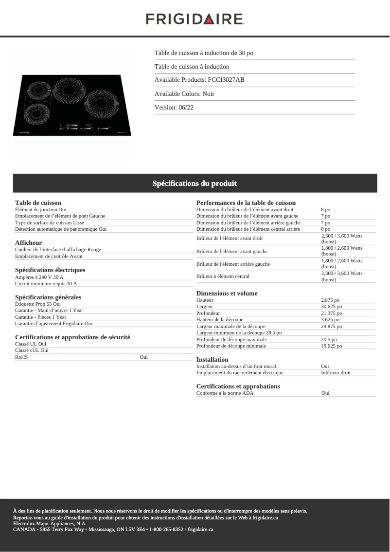 Page 1 de la notice Fiche technique Frigidaire FCCI3027AB