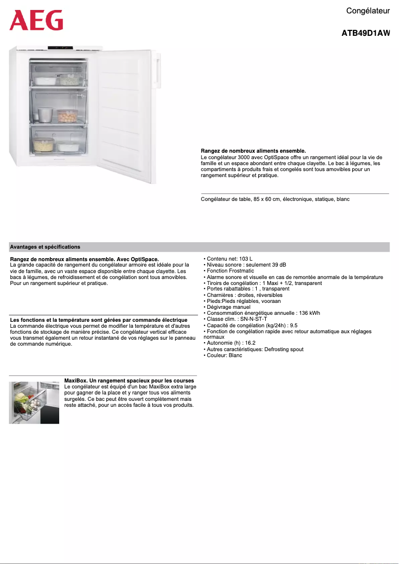Page 1 de la notice Fiche technique AEG ATB49D1AW