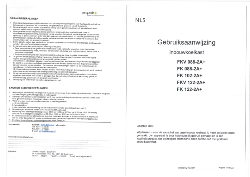 Page 1 de la notice Manuel utilisateur Exquisit FKV 122-2A