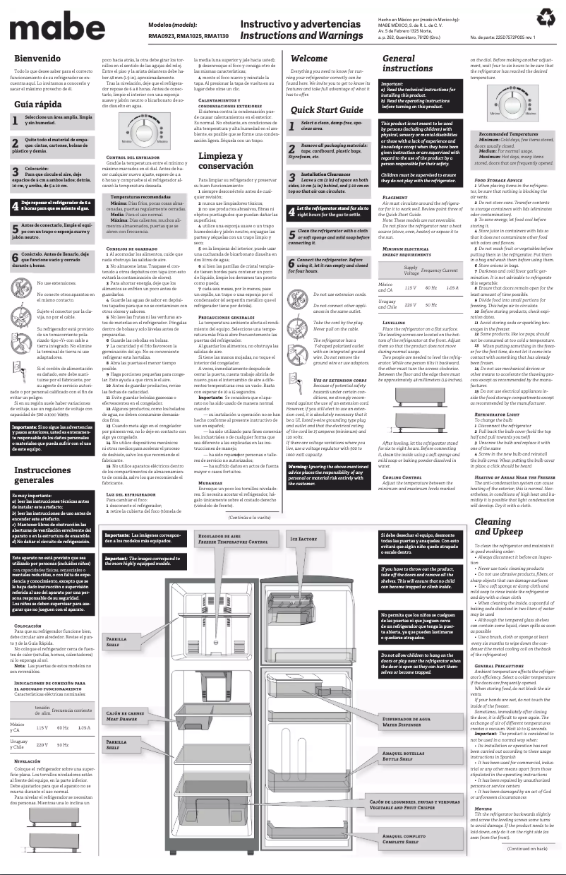 Page 1 de la notice Manuel utilisateur Mabe RMA1130YMFEA