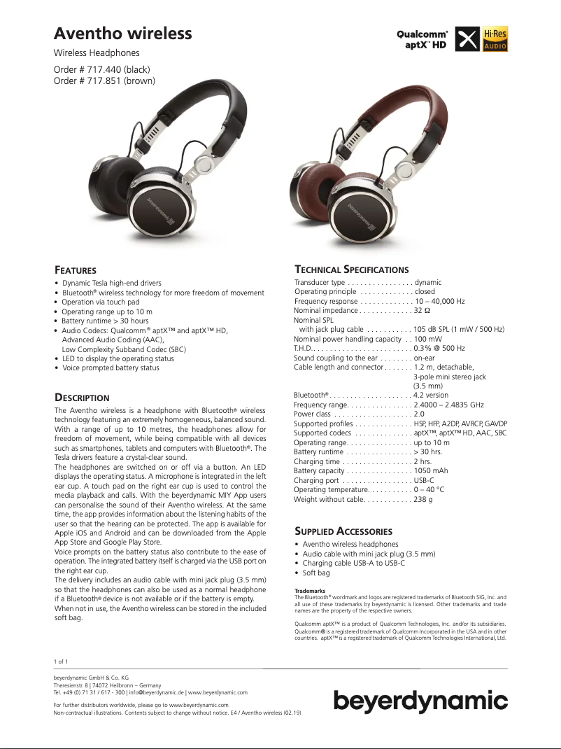 Page n°1 - Fiche technique Beyerdynamic Aventho Wireless