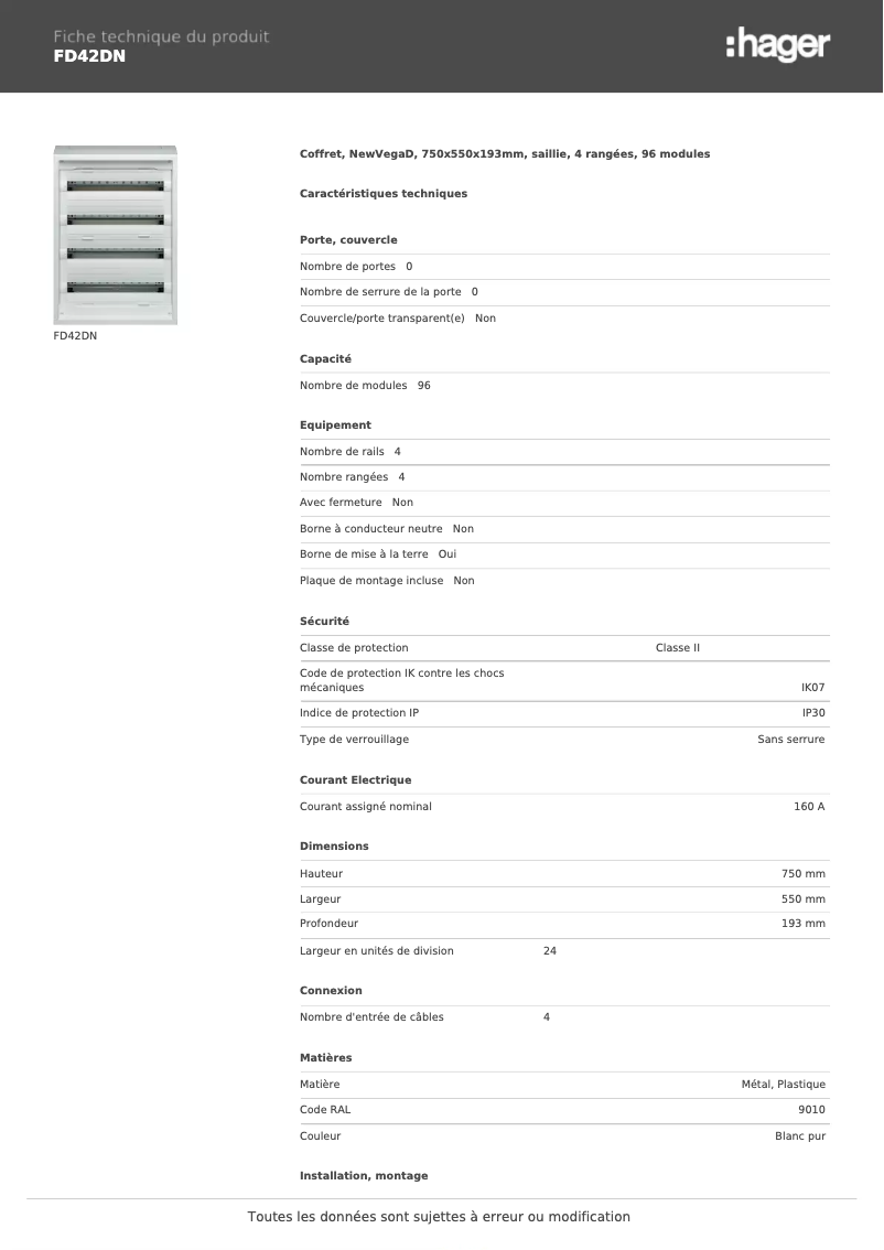 Page 1 of the manual Technical Sheet Hager FD42DN