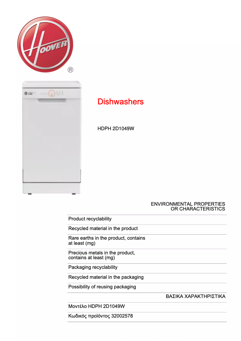 Page 1 of the manual Technical Sheet Hoover H-DISH HRIN 2D522PB