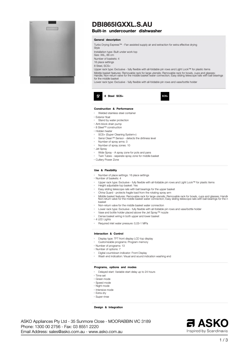 Page n°1 - Fiche technique Asko DBI865IGXXL.S.AU