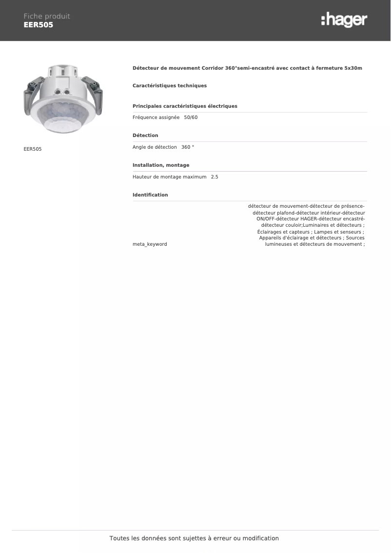 Page n°1 - Fiche technique Hager EER505