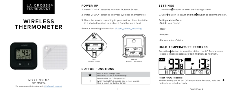 Page n°1 - Manuel utilisateur La Crosse Technology 308-147