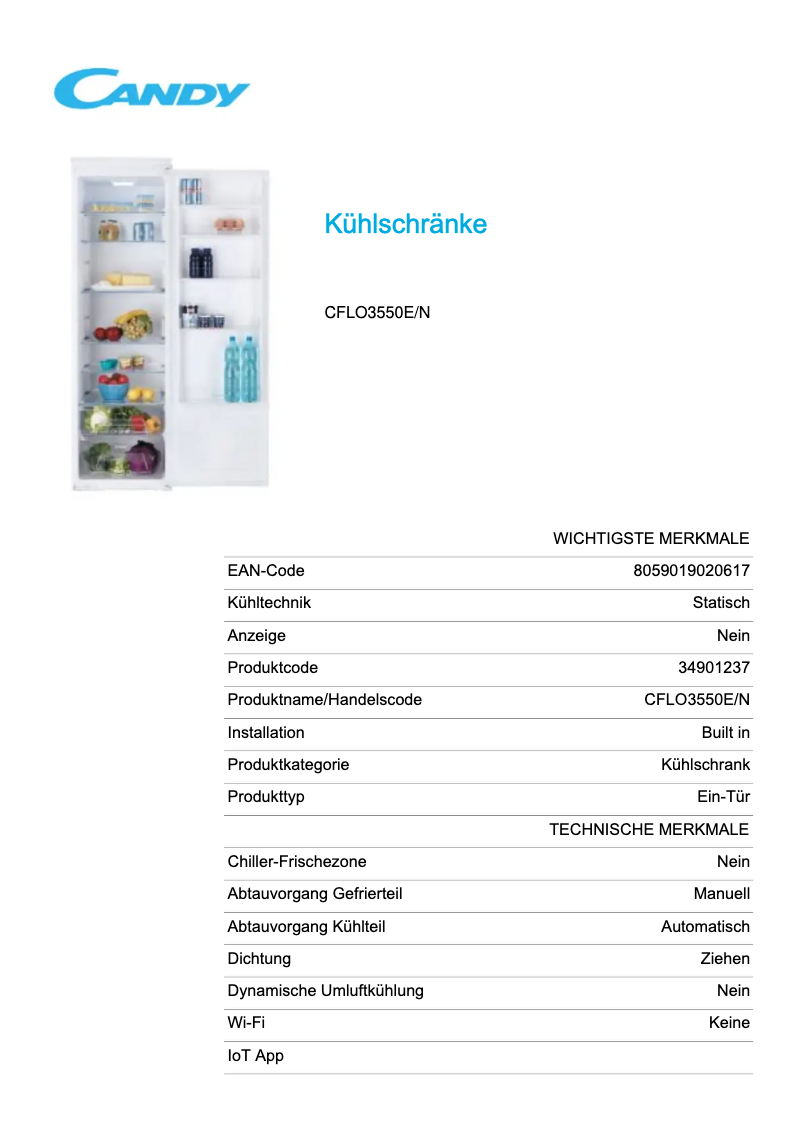 Page 1 de la notice Fiche technique Candy CFLO3550E/N