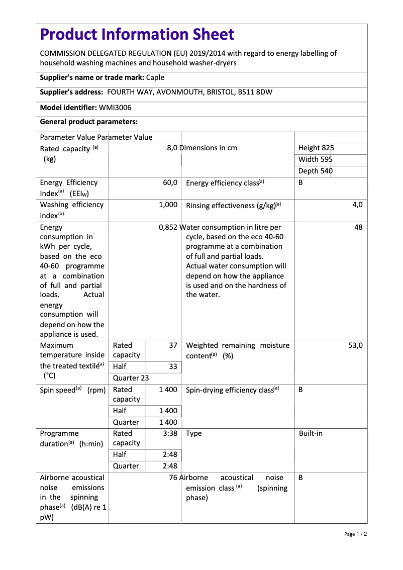 Página 1 del manual Ficha técnica Caple WMI3006