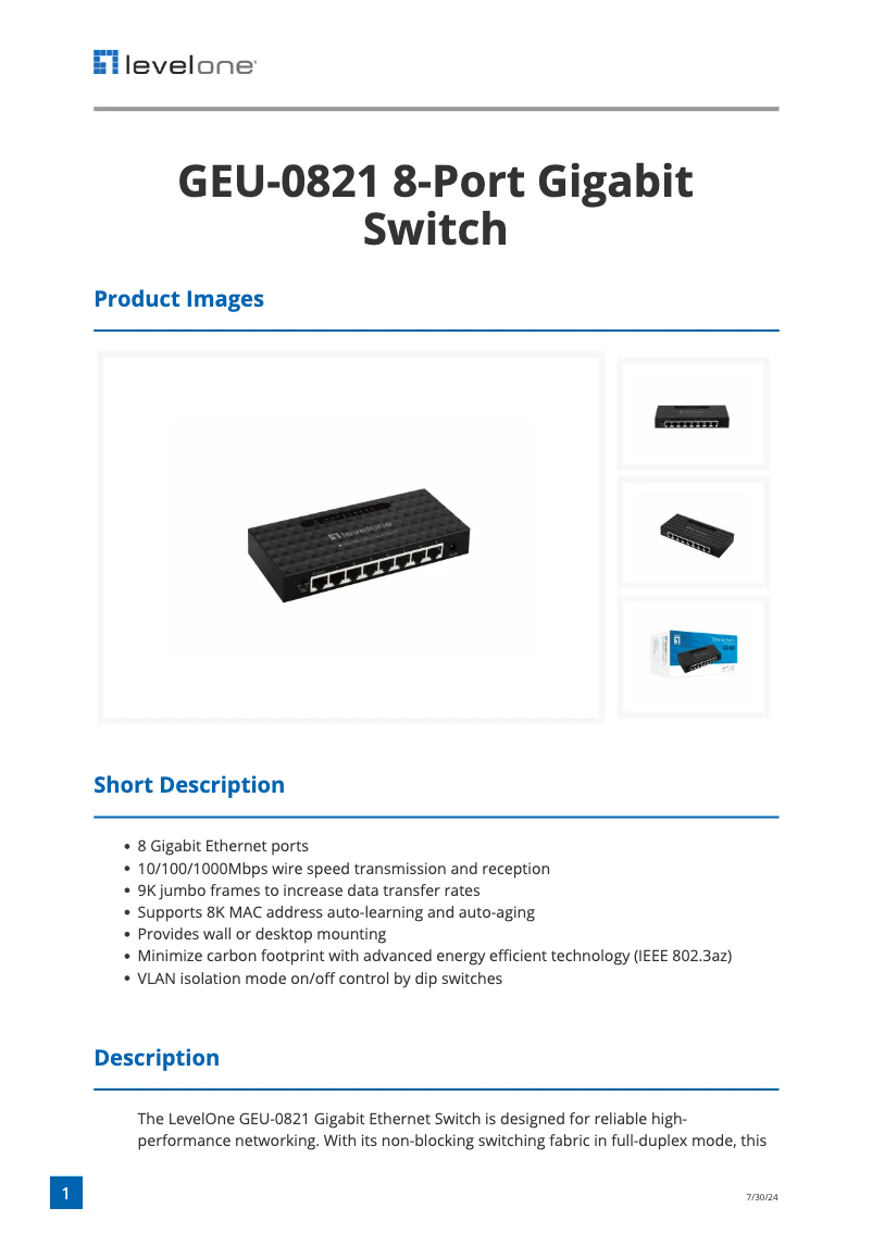 Page n°1 - Fiche technique LevelOne GEU-0821