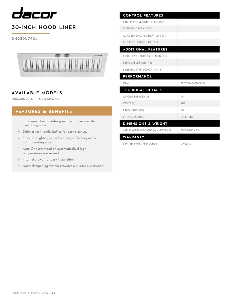 Page n°1 - Fiche technique Dacor DHD30U790LS