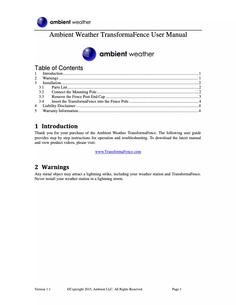 Page 1 de la notice Manuel utilisateur Ambient Weather TransformaFence