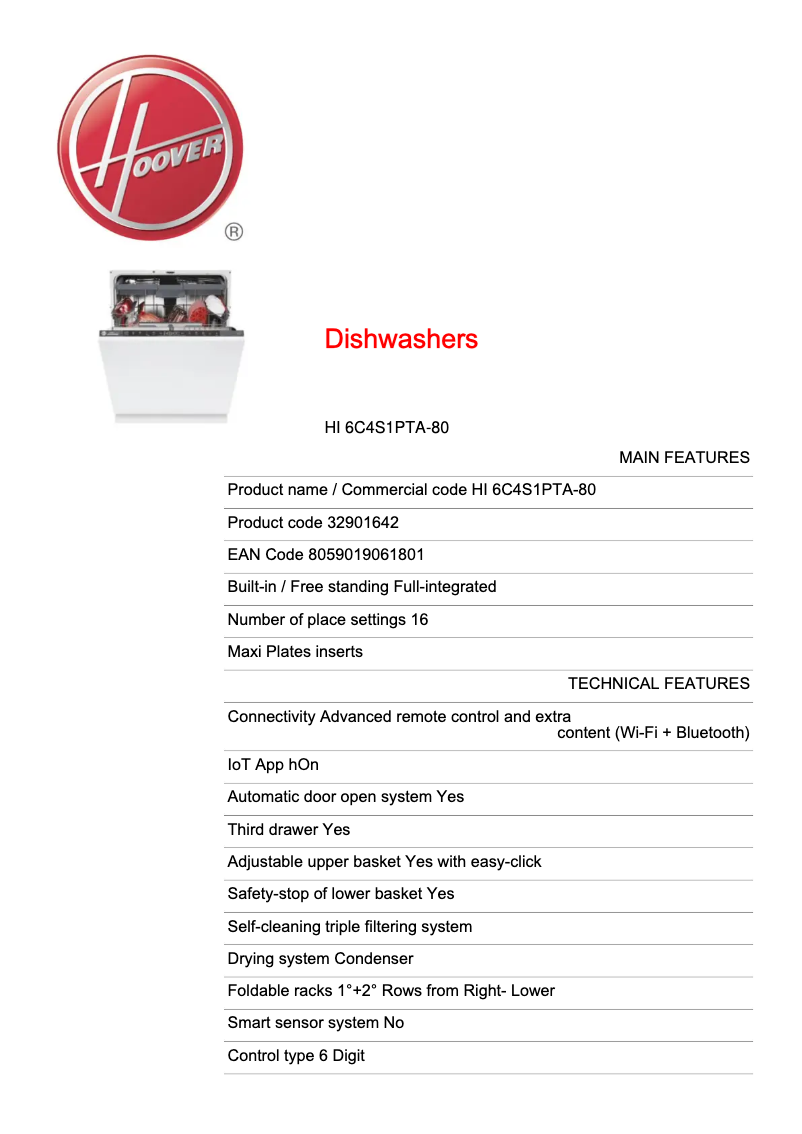 Page 1 de la notice Fiche technique Hoover HI 6C4S1PTA-80