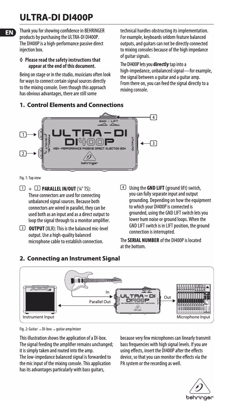 Page 1 de la notice Manuel utilisateur Behringer ULTRA-DI DI400P