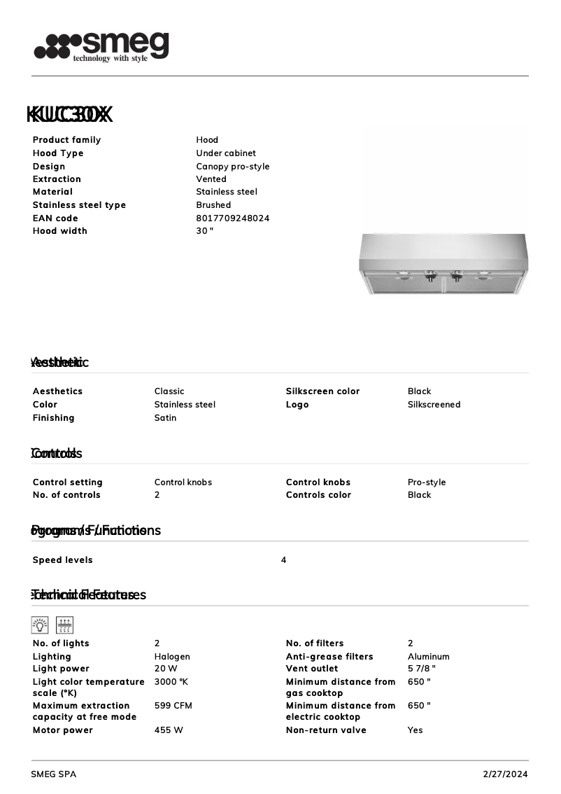 Page n°1 - Fiche technique Smeg KUC30X