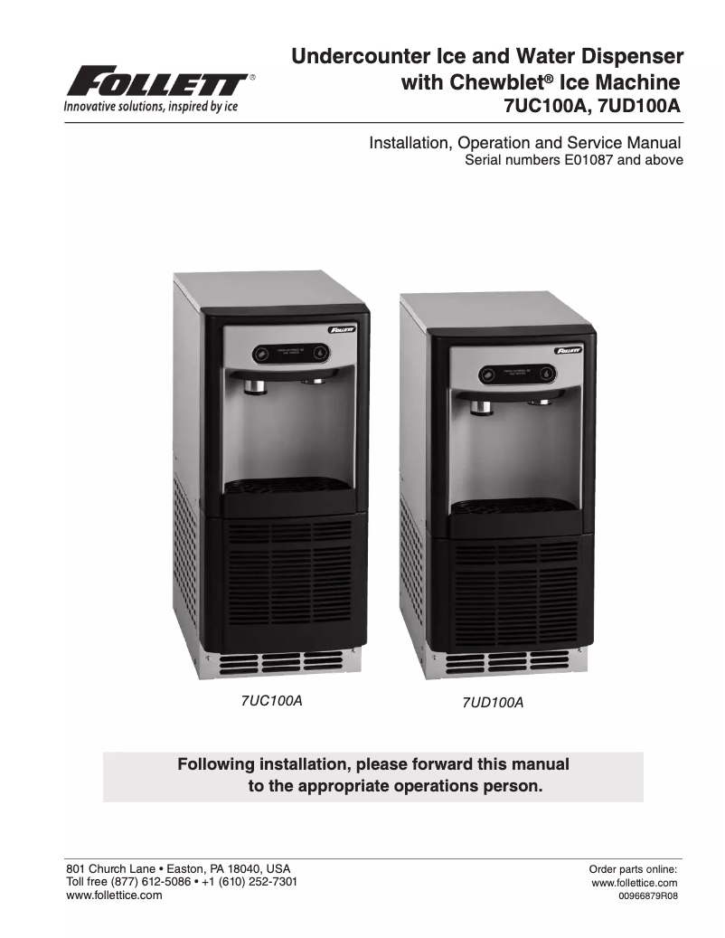 Page 1 de la notice Manuel d'utilisation et d'entretien Follett 7UC100A-IW-CF-ST-00