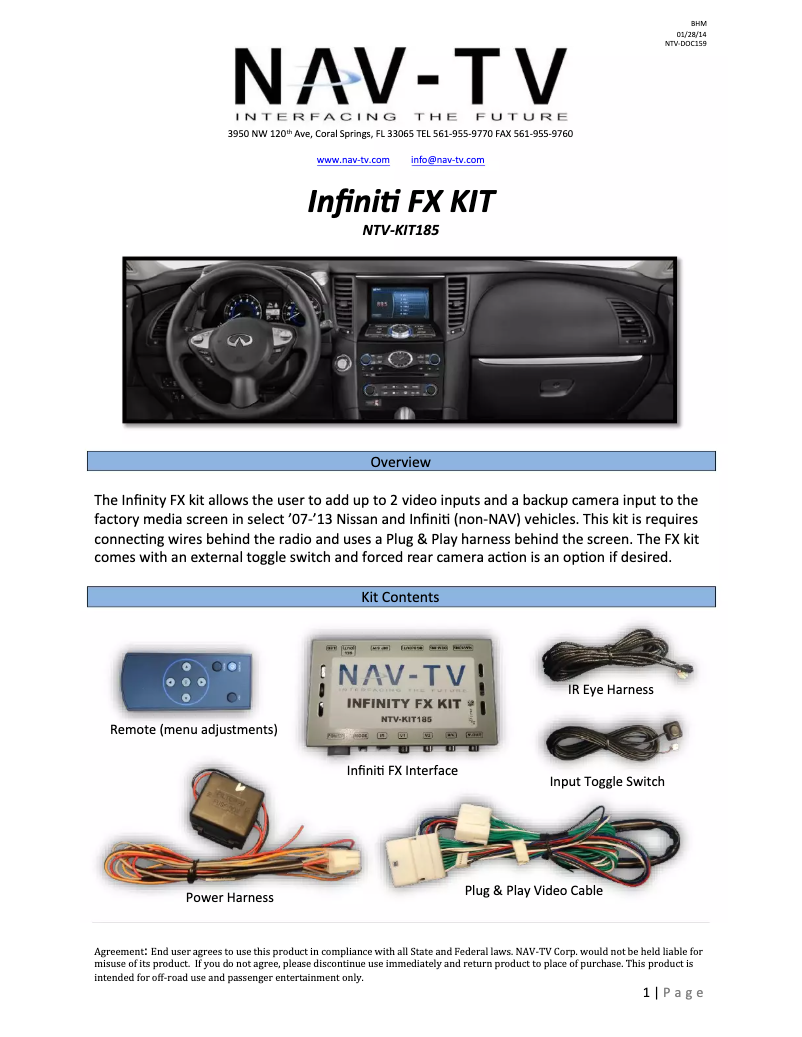 Page n°1 - Manuel utilisateur NAV-TV NVT-KIT185