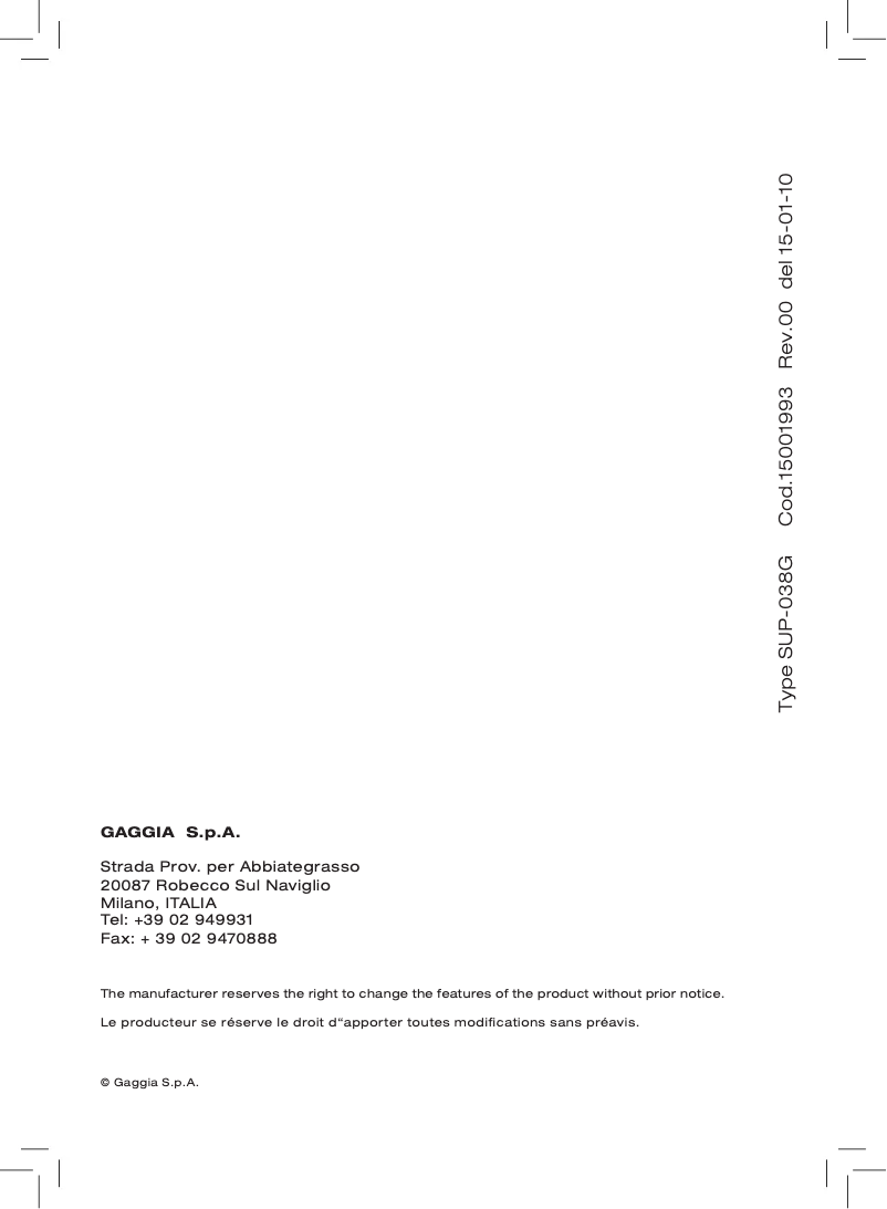 Page n°1 - Manuel utilisateur Gaggia RI9702