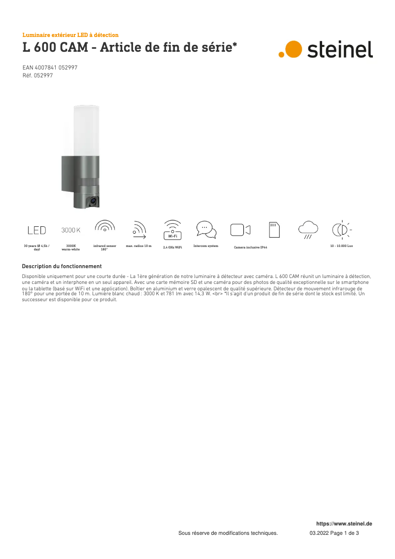 Page 1 de la notice Fiche technique Steinel L 600 CAM