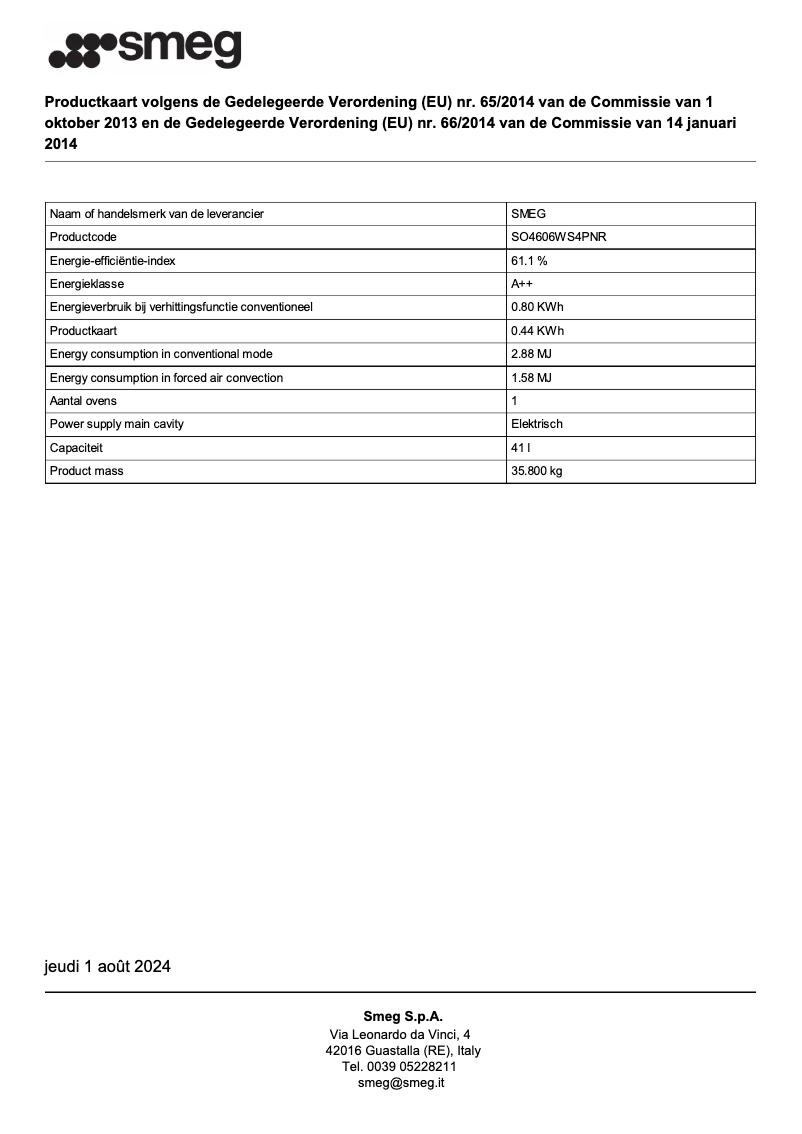 Page 1 de la notice Fiche technique Smeg SO4606WS4PNR