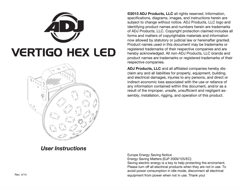 Page 1 de la notice Manuel utilisateur Adj Vertigo HEX LED