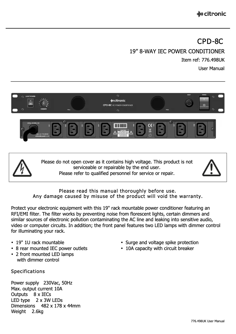 Page n°1 - Manuel utilisateur Citronic CPD-8C