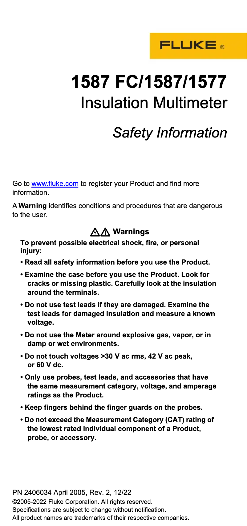 Page 1 de la notice Instructions de sécurité Fluke i400