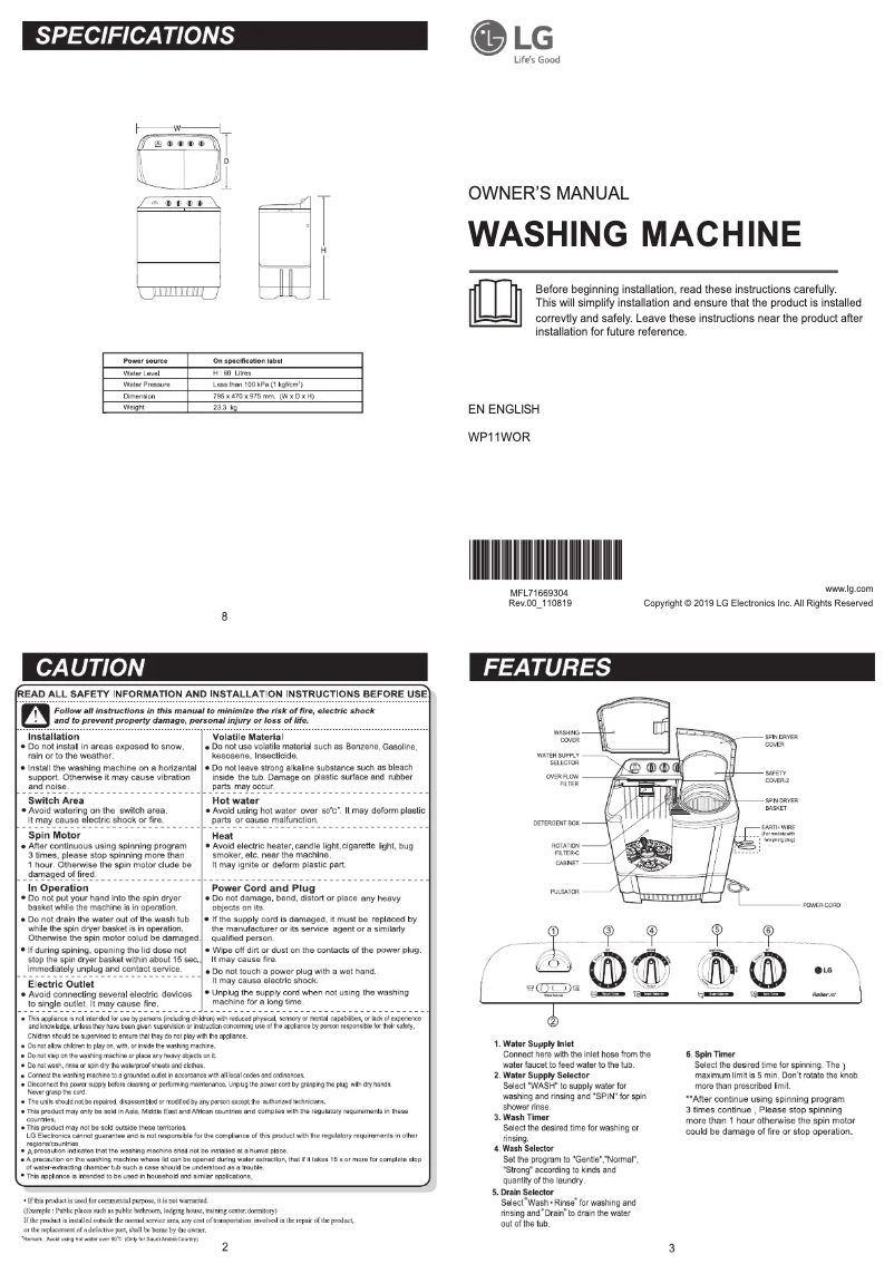 Page 1 de la notice Manuel utilisateur LG WP8GOR