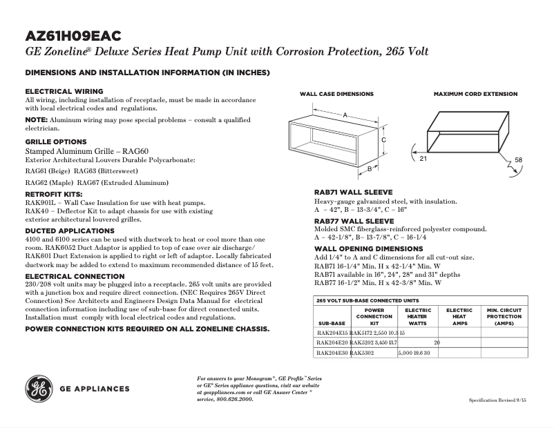 Page 1 of the manual Technical Sheet GE AZ61H09EAC Zoneline